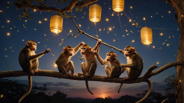 A group of monkeys sitting on a branch under lanterns at dusk, creating a whimsical atmosphere. photo