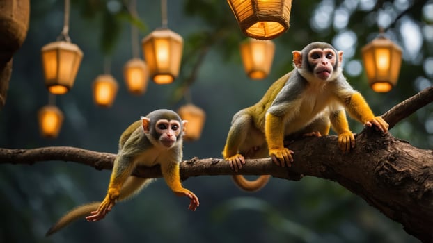 Two monkeys perched on a branch under lanterns in a lush environment. photo