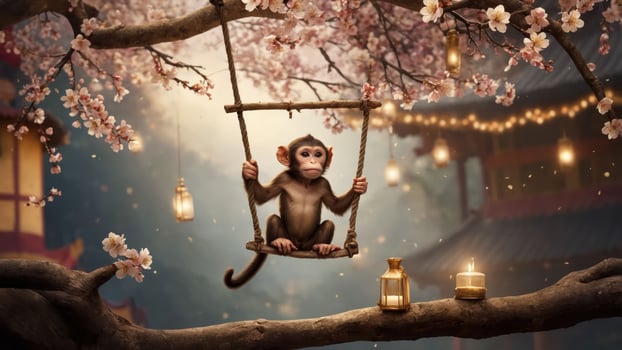 A playful monkey swings on a branch adorned with cherry blossoms and lanterns. photo
