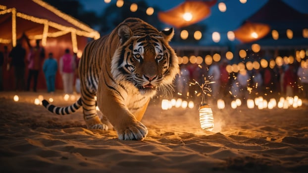 A majestic tiger walks through a festive setting with lanterns and people in the background. photo