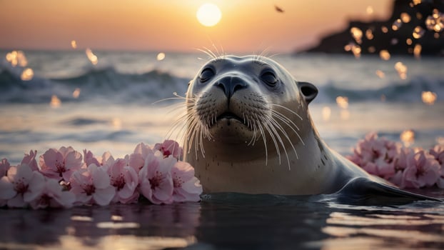 A seal surrounded by cherry blossoms in a serene ocean setting during sunset. photo