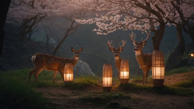 A serene scene of deer surrounded by lanterns under cherry blossoms at dusk. photo