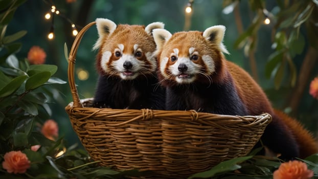 Two red pandas playfully sitting in a woven basket surrounded by greenery and flowers. photo