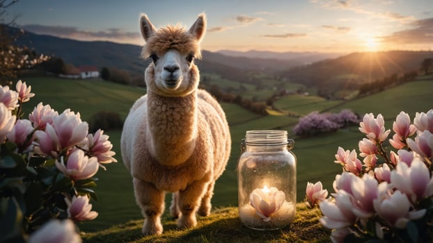 A serene alpaca stands among flowers at sunset, with a glowing candle in a jar. photo