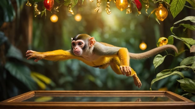 A vibrant monkey leaps gracefully in a lush, illuminated jungle setting. photo