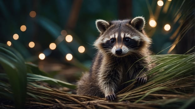 A raccoon sits among foliage with soft lights in the background, creating a serene atmosphere. photo