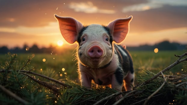 A cute piglet stands in a field during sunset, capturing a serene rural moment. photo
