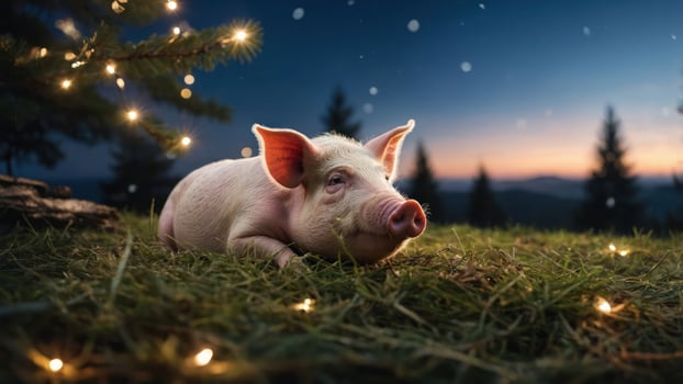 A young pig resting on grass with a serene, twilight background and fairy lights. photo
