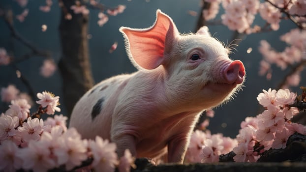 A charming piglet surrounded by blooming cherry blossoms in a serene setting. photo