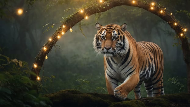 A majestic tiger walks through a misty forest adorned with glowing fairy lights. photo