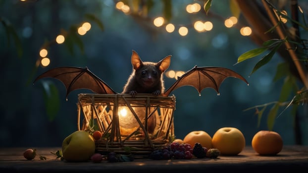 A bat with outstretched wings sits in a basket surrounded by fruits and soft lighting. photo