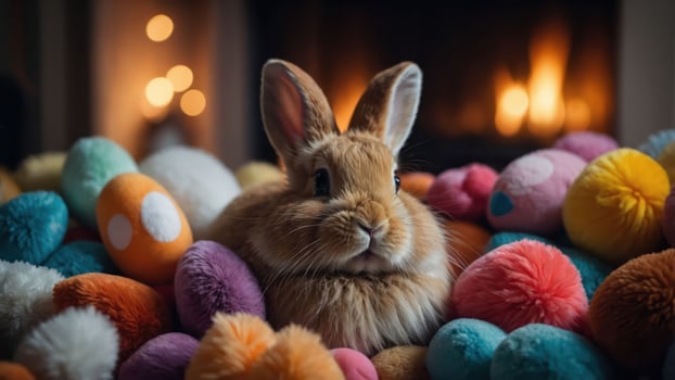 A cute rabbit surrounded by colorful Easter eggs and fluffy pom-poms in a cozy setting. photo