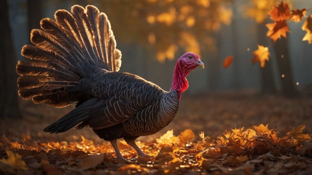A turkey walks through a forest covered in autumn leaves, illuminated by soft sunlight. photo