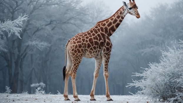 A solitary giraffe stands gracefully in a frosty landscape among trees. photo