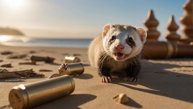 A ferret on the beach surrounded by golden objects and natural debris. photo