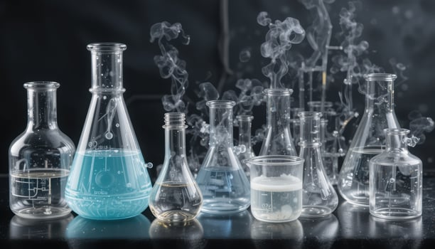Glass Laboratory Equipment with Colorful Reagents and Steam Effects photo