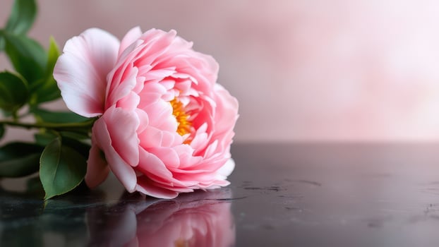 Beautifully Blooming Pink Peony Flower on Reflective Surface photo