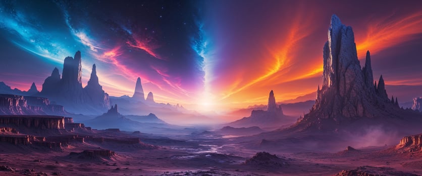 Stunning extraterrestrial landscape with dual sky and mysterious planet. photo