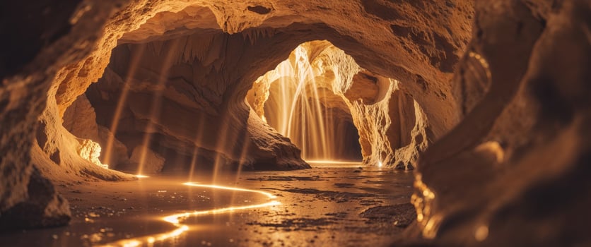 Illuminated Cave with Flowing Light and Textures. photo