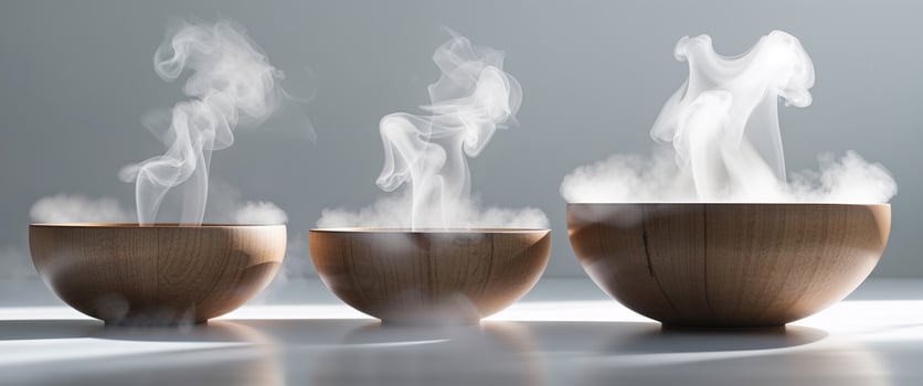 Three wooden bowls emitting steam presented on a surface of reflection photo