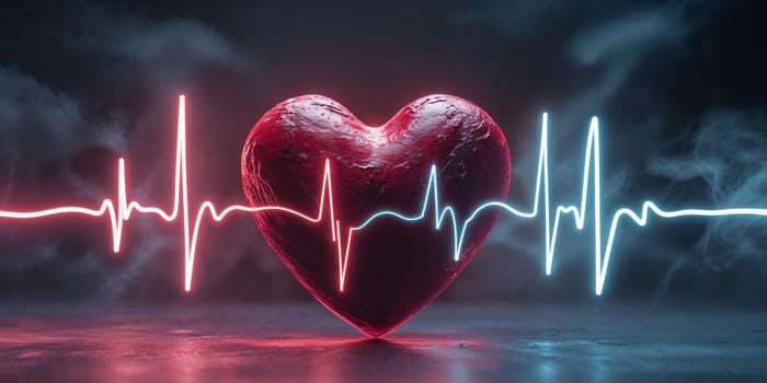 Glowing red heart with heartbeat line transitioning into blue heartbeat line on dark background photo