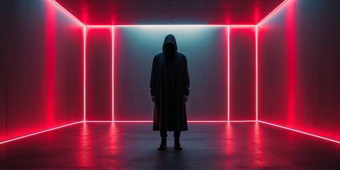 A person standing in a dark room with red lights photo