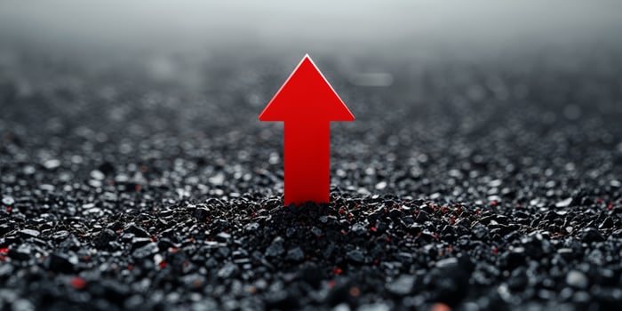 A red arrow pointing up in the middle of a black background photo
