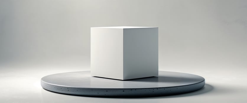 Simple cube resting on a circular stone platform. photo