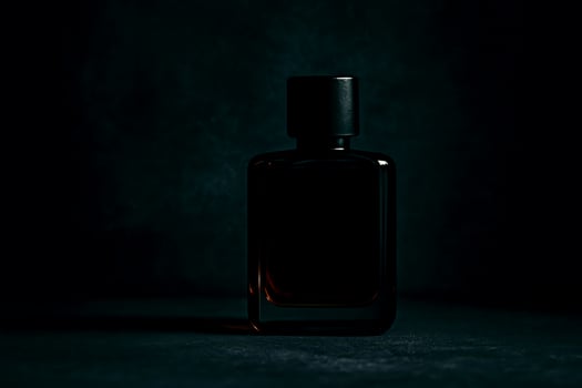 Elegant black perfume bottle in dark moody lighting on textured background with luxurious and mysterious atmosphere photo