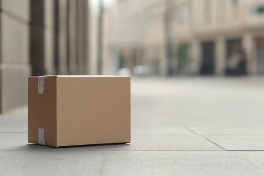 A cardboard box sitting on the street in front of a building photo