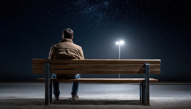 Solitary Man Contemplating Under Stars Night Park Photo with Background and Copyspace