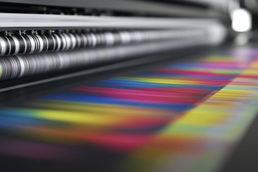 A large printer with a rainbow colored print on it photo