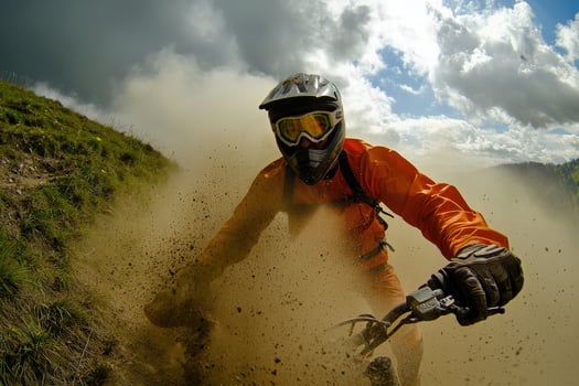 A mountain biker rides aggressively on a dirt trail, kicking up clouds of dust. photo