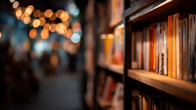 Cozy bookshop illuminated by warm lights in the evening photo