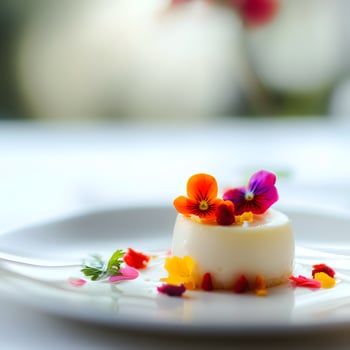 Smooth Textures and Glossy Finish. Floral Cakes. Panna cotta with flowers on a white plate. Selective focus photo