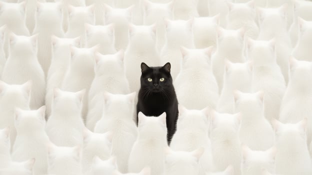 A large group of white cats stands still, all facing the same direction, with one black cat positioned prominently in the center, enhancing the visual impact photo