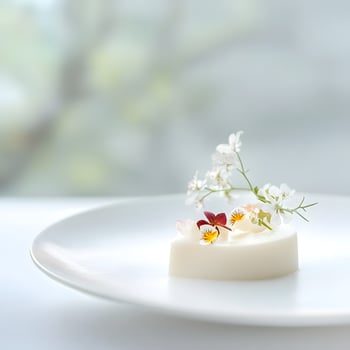 Smooth Textures and Glossy Finish. Floral Cakes. White dessert with flowers on a white plate on a light background photo