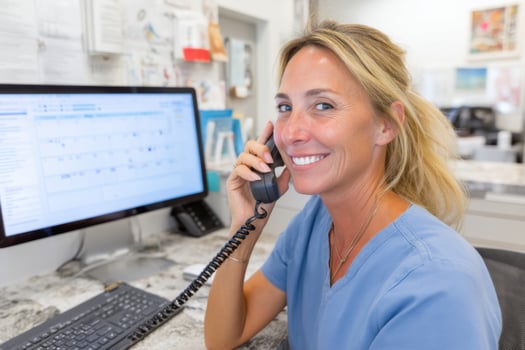Young female receptionist at health clinic efficiently manages busy schedule while providing excellent customer service and support in a professional environment healthy workplace concept photo