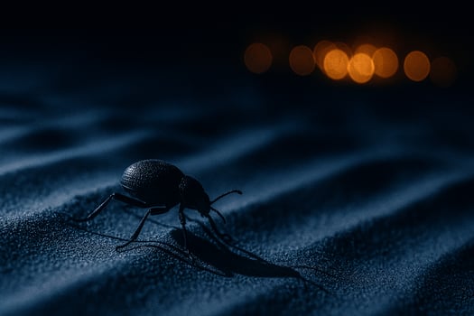 Beetle in Silhouette on Moonlit Sand with Warm Background Glow photo