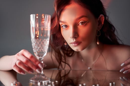 Sexy beautiful woman with brown hair. Jewelry rings earring. Perfect woman portrait. Gorgeous hair and nice eyes. Natural beauty, clean skin. Strong and thick hair. photo