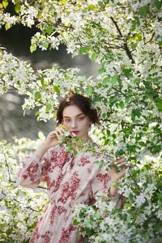 Beautiful romantic woman stands in branches of blooming apple tree. Spring portrait girl flowers apple tree photo