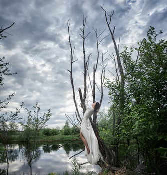 Fantastic fairy beautiful woman in white long dress on old dry tree. Girl princess in swamp. Fashion model sexy girl posing on a tree on lake. Fairy tale. photo