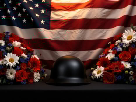 American memorial with military helmet and patriotic flower bouquets photo