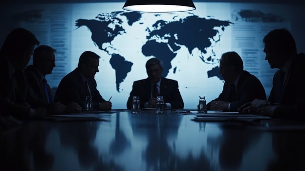 Politicians sitting at conference table discussing global issues photo