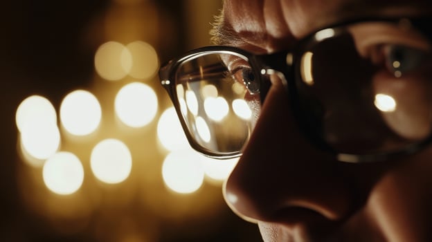 Politician observing parliament lights reflecting in glasses photo