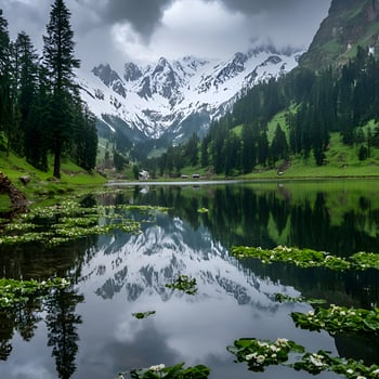 A lake surrounded by trees and mountains photo