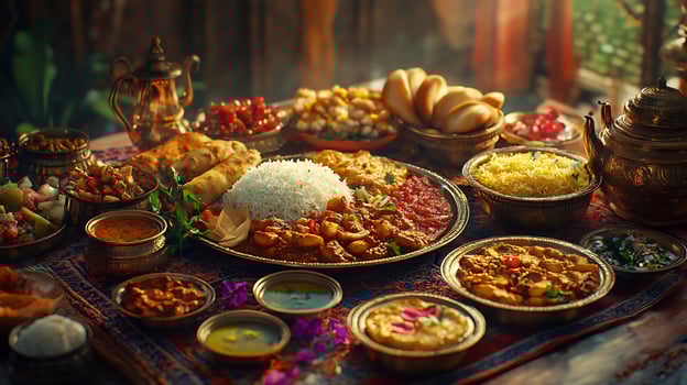 Colorful Thali Feast Assorted Curries and Breads Traditional Indian Meal in Vibrant High Res photo