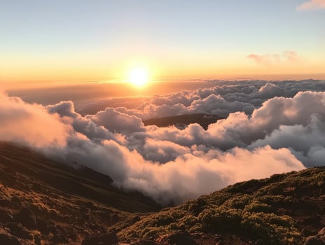 Sunrise above the clouds, casting a warm glow on the landscape, creating a serene and breathtaking view of nature's beauty. photo