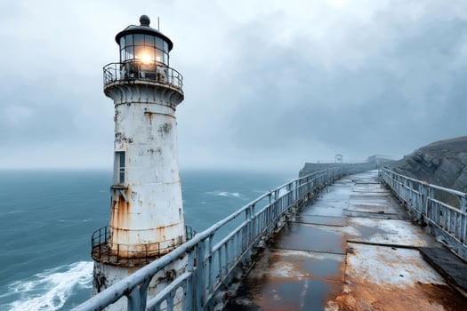 Aniva lighthouse illuminating the stormy sea during a cloudy day photo