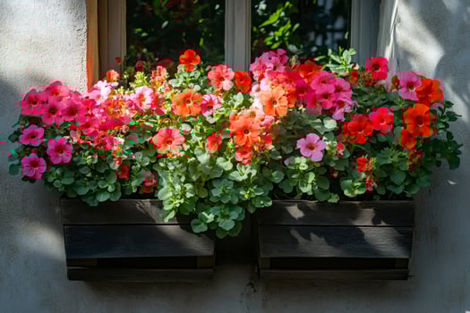 Calibrchoa flowers growing in window box under a window photo